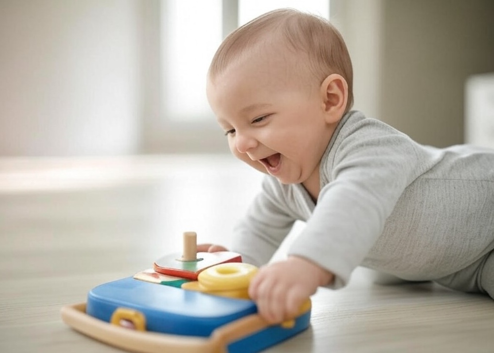 a baby playing with a toy on a clean floor